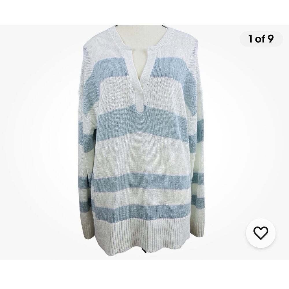 Haven Well Within Sz L Blue Striped V neck Linen, Org Cotton Coastal LS Sweater - Picture 2 of 8